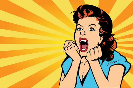 张开双眼和嘴和不断上升的手尖叫的惊讶金发波普艺术女人.