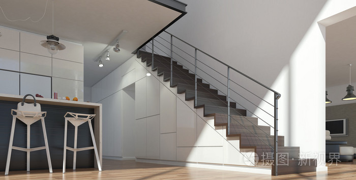 现代楼梯的厨房
