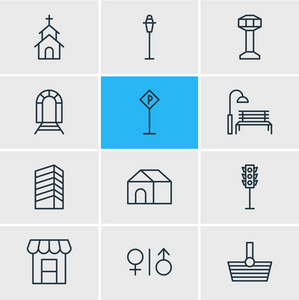 矢量图的 12 城市图标。可编辑包灯柱 地铁 厕所和其他元素