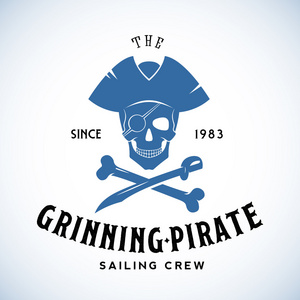 咧着嘴笑海盗帆船船员抽象矢量复古 Logo 模板或复古标签与排版
