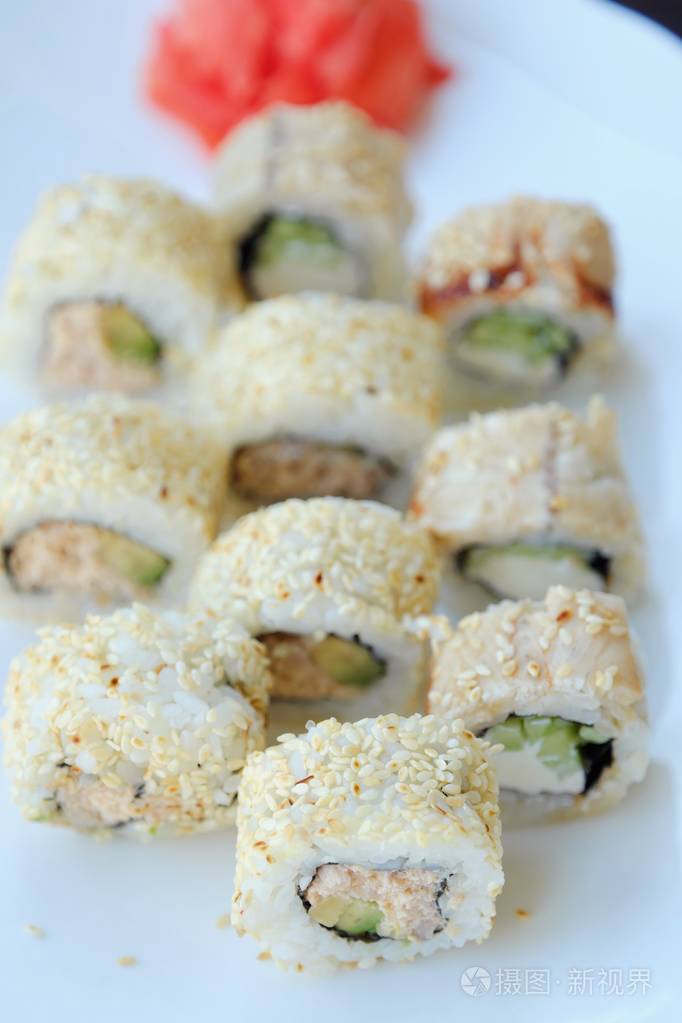 美味的寿司芝麻日本食品视图