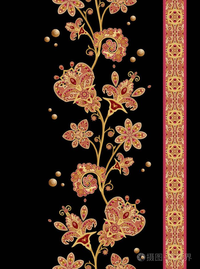 无缝图案边界纹理的金色卷发辉煌的花边程式化的花镂空编织细腻金色的