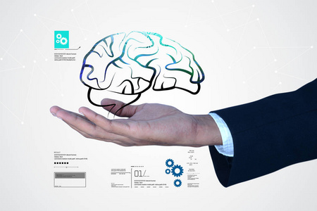 设计背景数字大脑人脑结构的数字插图抽象的数字大脑上深蓝色背景中