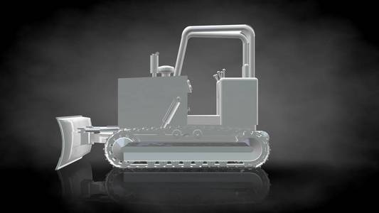 在白色绘制的挖掘机3d 渲染的反光的推土机在黑暗的黑色酒泉照片