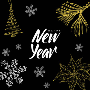 写在黑色背景上的刻字和圣诞嘟嘟的快乐新的一年手