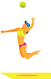 一个年轻女子沙滩排球运动员提供球在跳