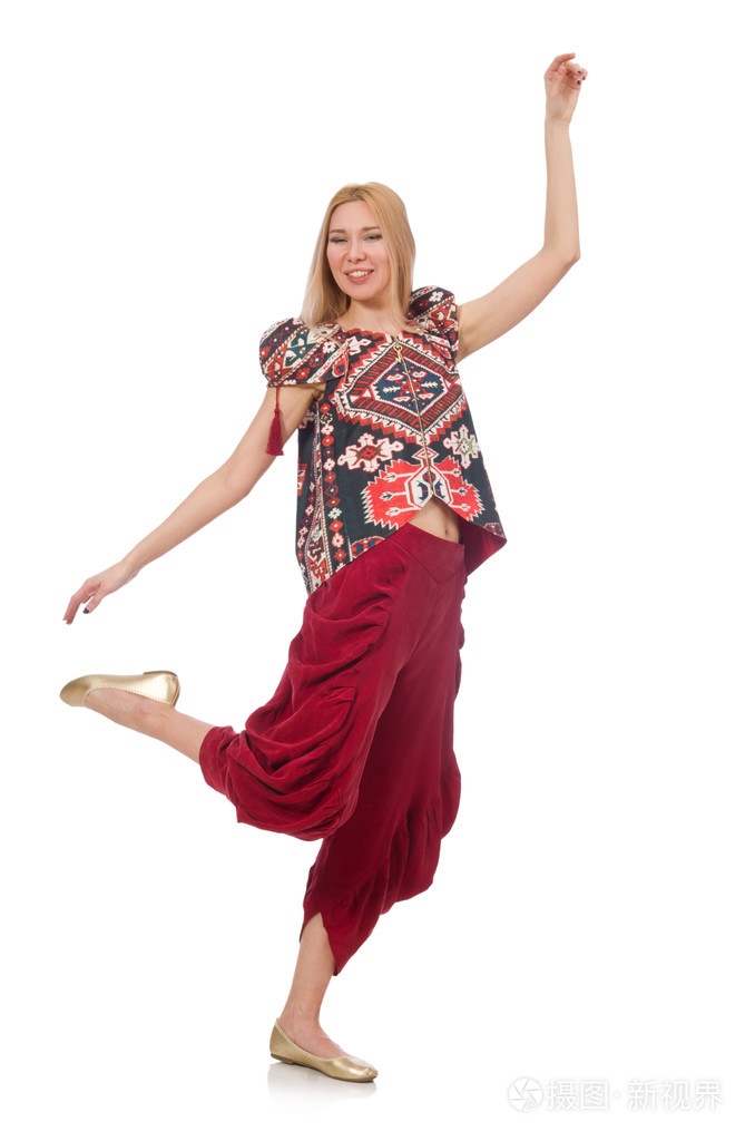 在阿塞拜疆装饰服装上白色孤立的女人