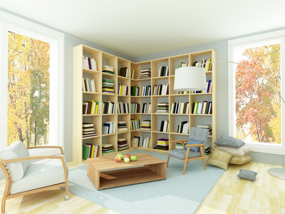 带书架和扶手椅的轻舒适客房图片