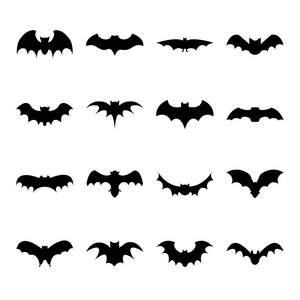 白色背景，万圣节标志为 web 上蝙蝠剪影平面图标集。矢量图