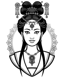 古代的发型的年轻中国女孩的画像.在白色背景上孤立的单色矢量图照片