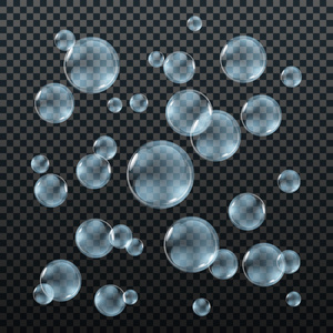 透明蓝色肥皂泡向量上格子背景设置。球面球 设计水和泡沫，aqua 洗图