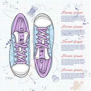 矢量彩色女性休闲运动鞋在笔记本页面上