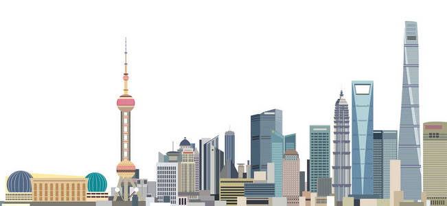 上海城市天际线日出时的矢量图照片