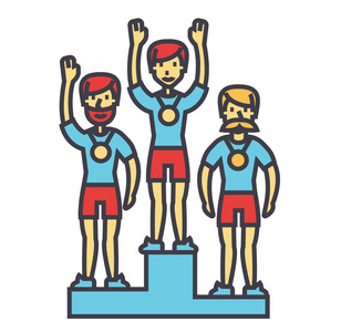 冠军登上领奖台,体育队,第一名,奥运会上,竞争理念.线矢量图标.