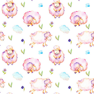 无缝模式与水彩可爱的粉红色羊 简单的鲜花和云插图