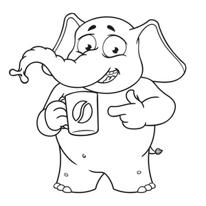 大象。字符。喝咖啡休息时间。提供一杯咖啡。孤立大象的大集合。向量卡通