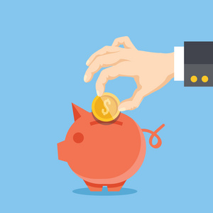 矢量平面卡通插图节省金钱和硬币在粉红色的小猪银行业务手把钱放到