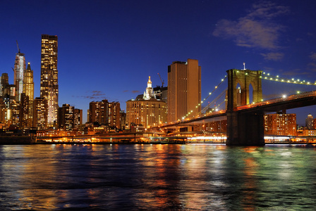 美国纽约市布鲁克林大桥与市中心的天际线