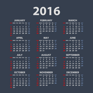 2016 年在白色背景上的日历。每周从星期一开始。简单的矢量模板