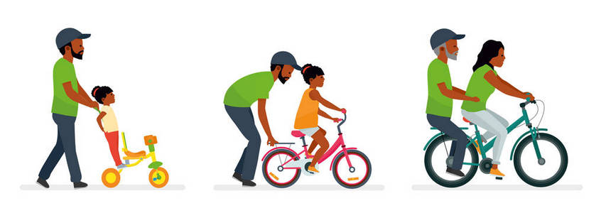 父亲和女儿。父亲帮助女儿骑一辆自行车。女儿将父亲对一辆自行车。一代人。非洲裔美国人