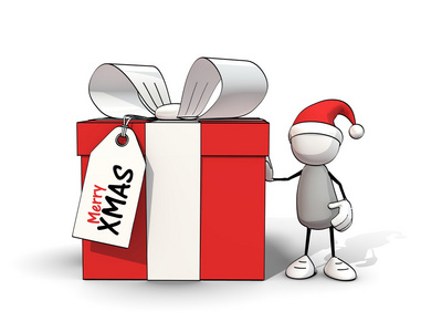 粗略小人在用圣诞老人的帽子斜倚在一个大的红色礼品盒