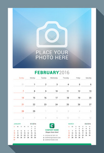 2016 年 2 月。墙体为 2016 年的月历。矢量设计打印模板与照片的地方。周从星期日开始。在页上的 3 个月