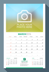 2016 年 3 月。墙体为 2016 年的月历。矢量设计打印模板与照片的地方。周从星期日开始。在页上的 3 个月