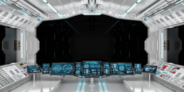 宇宙飞船的内部与黑色窗口 3d 效果图渲染视图