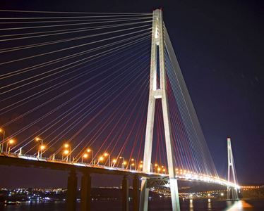 美丽的夜晚城市的灯光。高大桥横跨海湾伸展在塔上