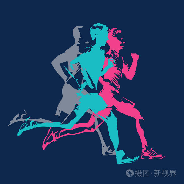 马拉松赛跑,抽象多彩剪影的成人跑步