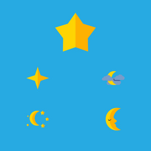 平面图标午夜设置的月亮 新星 睡前和其他矢量对象。此外包括月亮 云彩 暮光之城元素