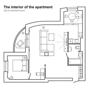 在顶视图中房子的建筑平面图。与家具的平面图。室内设计图标设置布局。矢量