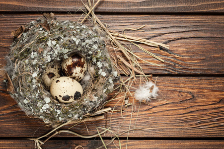 鹌鹑蛋，在旧的木制背景鸟巢顶视图