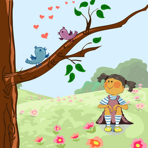 无缝模式爱情鸟在树枝上小鸟卡通卡通热带鹦鹉野生动物鸟类矢量插图