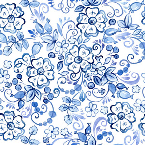 俄罗斯 Gzhel 风格花卉水彩无缝图案。矢量图