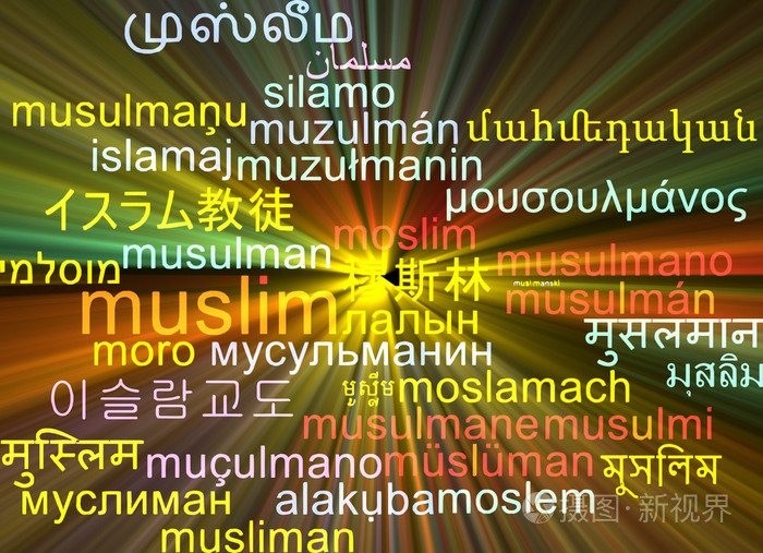 穆斯林多语言文字云背景概念发光