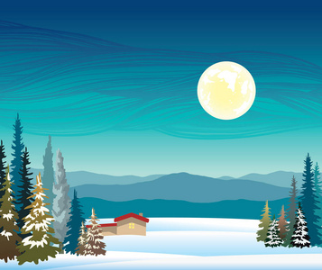 冬天的夜晚景观山 森林 房子 满月