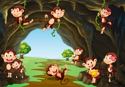 矢量平面卡通插画在丛林中的浣熊, 老虎和猴子卡通七猴子在木板材例证