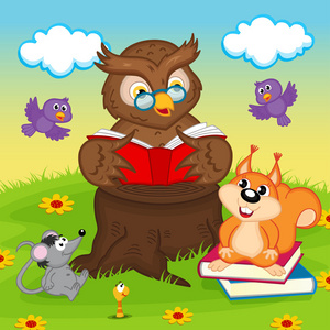 读一本书为动物的猫头鹰