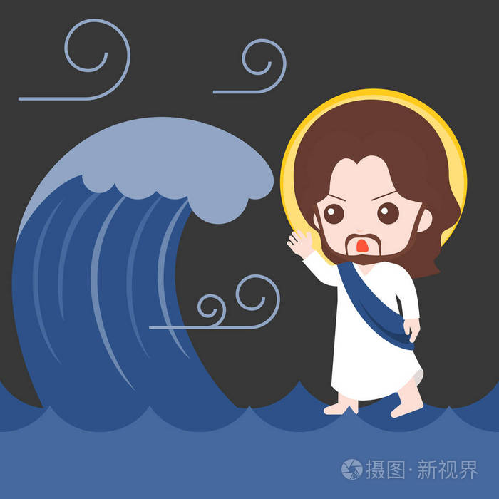 耶稣走在海和平静下来风暴 圣经故事插图 平面设计