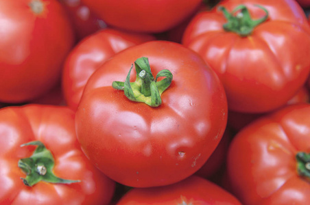 有机健康新鲜大红色成熟的西红柿在市场上太阳