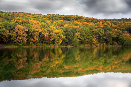美丽的秋景。绿色金色森林反映水湖上