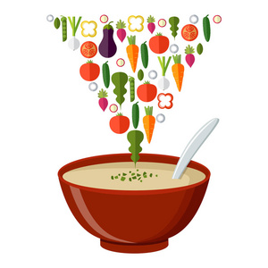 一碗热腾腾的汤，菜孤立图标。孤立的蔬菜汤
