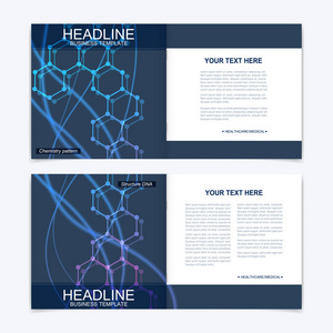 方形宣传册的模板。单张封面演示文稿。商业，科学，技术设计书布局。科学分子背景
