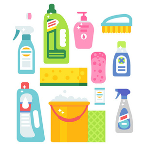 清洁剂瓶化学家务产品护理清洗设备清洗液体平面矢量图