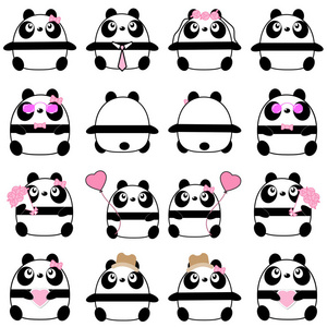 可爱可爱的夫妇卡通熊猫集合与多种字符分离矢量图标设置