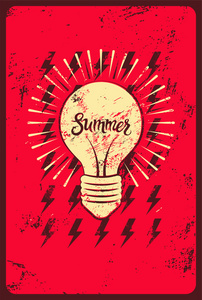 排版的复古 grunge 夏天海报。程式化发光的灯泡。矢量图