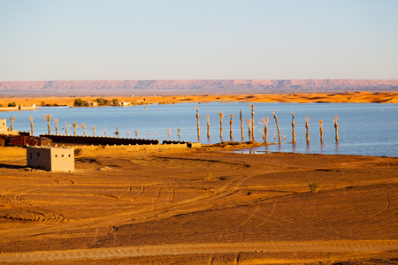 阳光在湖黄色沙漠摩洛哥