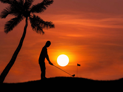 剪影高尔夫球手打高尔夫球杆日落