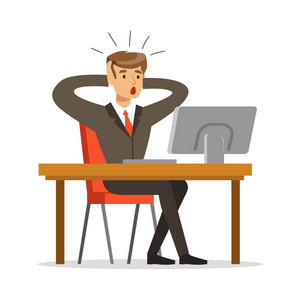 在他办公室矢量插图中工作时,由两只手抱着头恐慌的商人照片